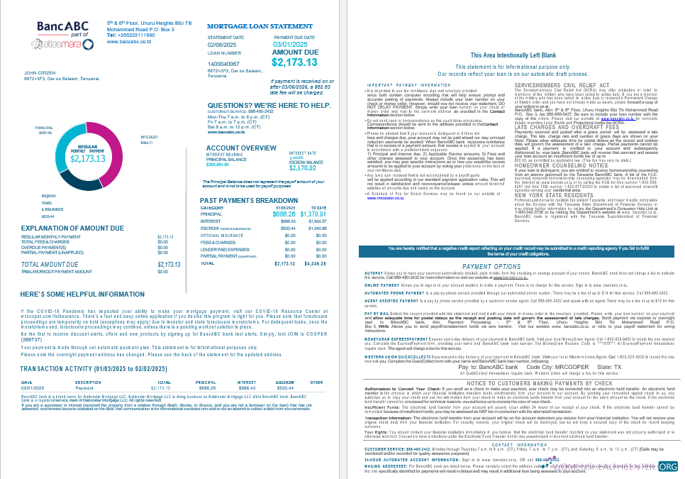 Tanzania BancABC bank mortgage loan statement in Word and PDF formats , 4 pages 1 2